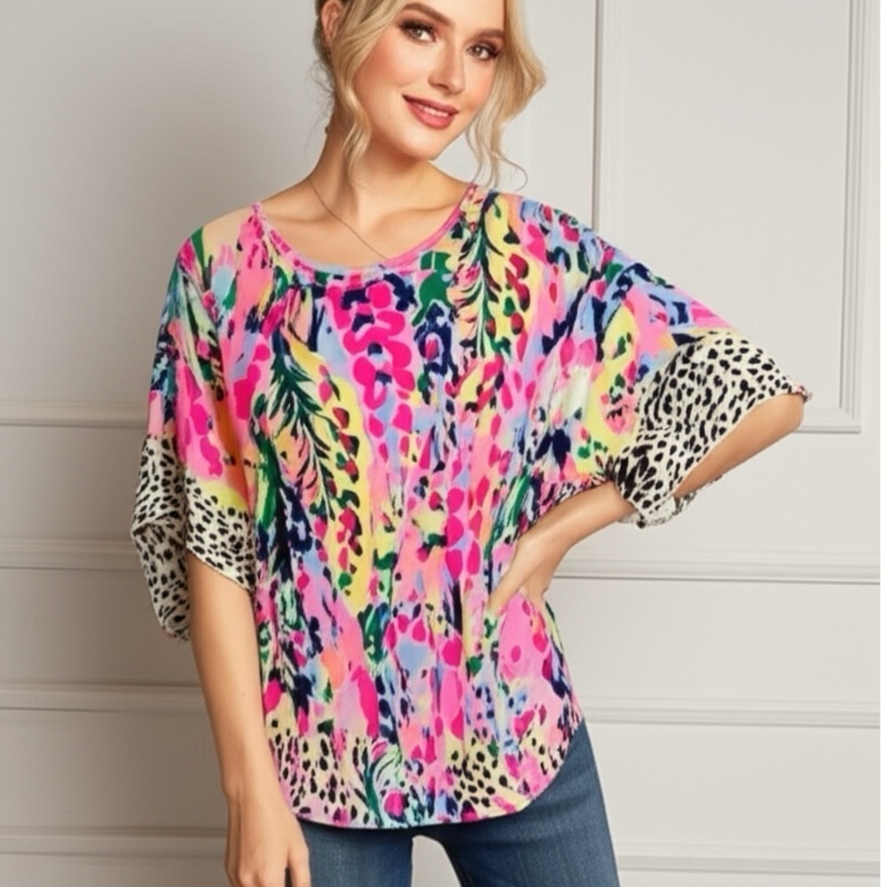Beeson River Top Feeling Bold Fuchsia Floral & Animal Print Ruffle Short Sleeve